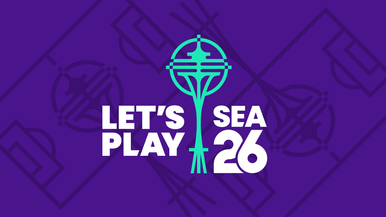Purple graphic with a stylized teal Space Needle and soccer field lines. White text reads "LET'S PLAY SEA 26.